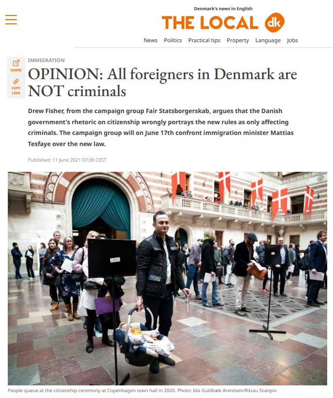 A screenshot of the article on The Local's website, showing the article title and a photo of people attending a citizenship ceremony