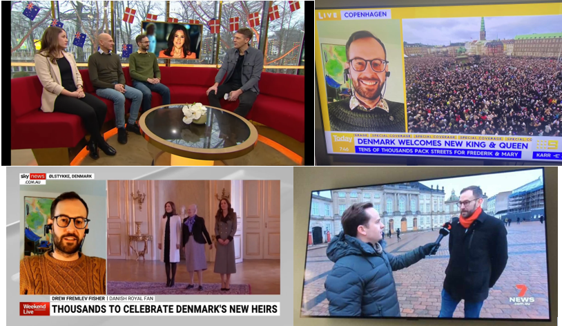 Four screenshots of appearances on Go'morgen Danmark, the Today Show in Australia, Sky News Australia and Channel 7 News Australia